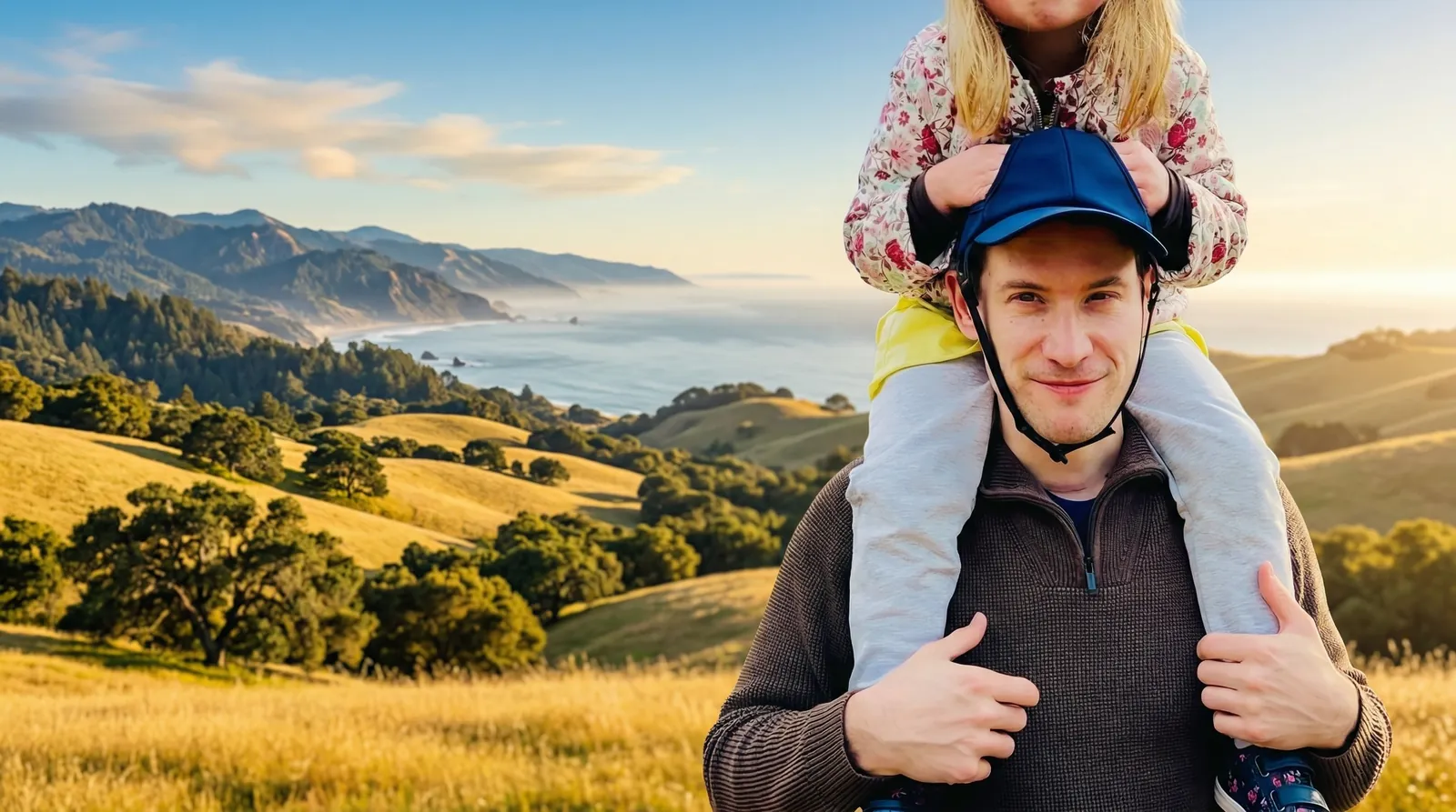 Dad giving shoulder ride with UpPapa hat on California hills