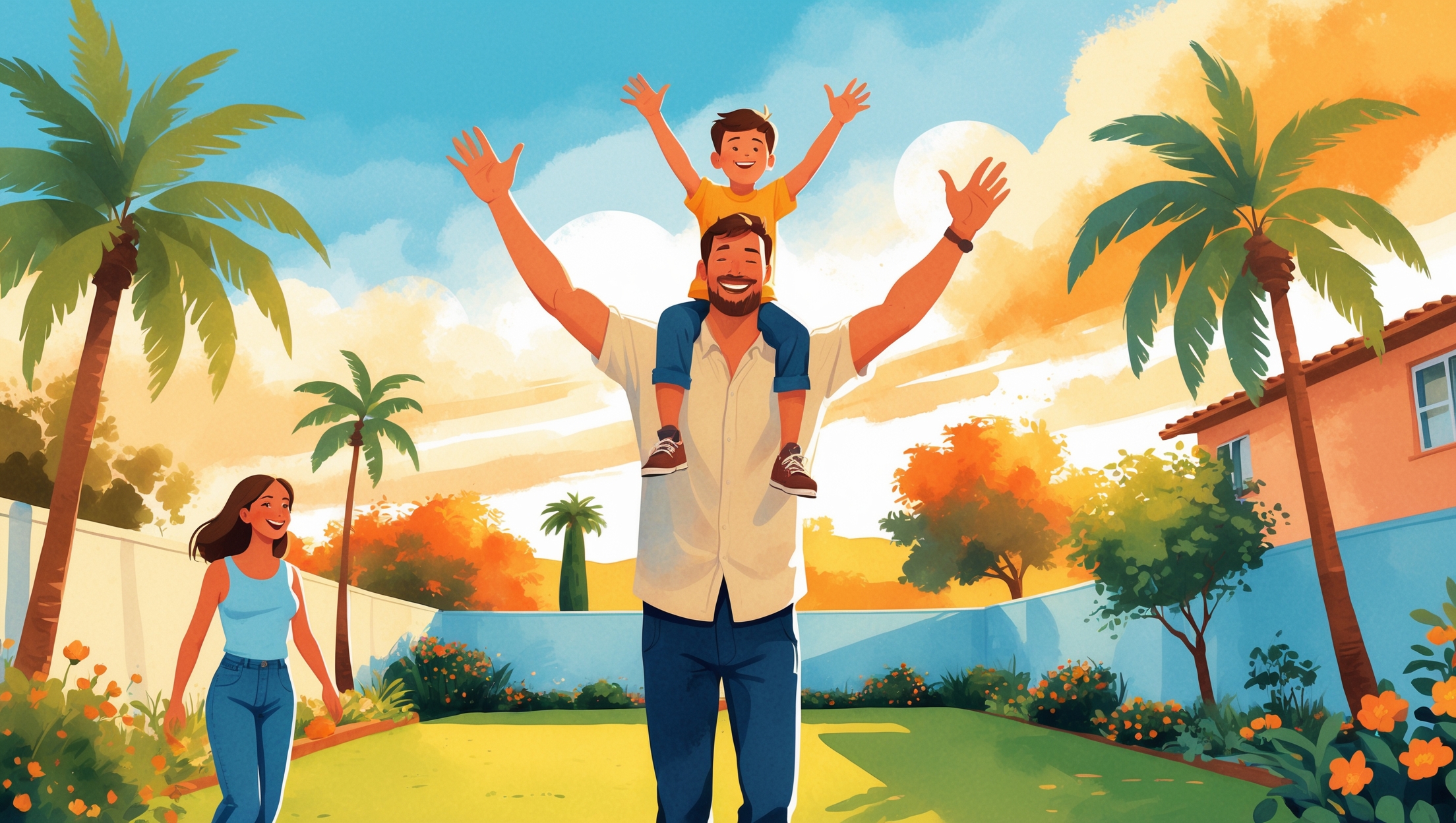 Amy watching her husband give their daughter a shoulder ride